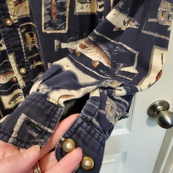 🎣 Vintage Mountain Tek Fishing / Fisherman Print Button Down Dad Shirt - XL - Picture 5 of 6